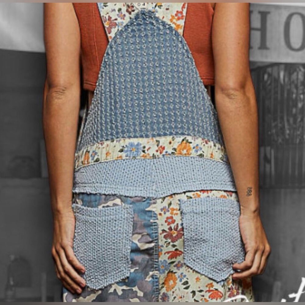 POL- NWT Boho Farm Girl Mixed Fabric Cotton Denim Floral Patch Overalls. - Picture 8 of 10
